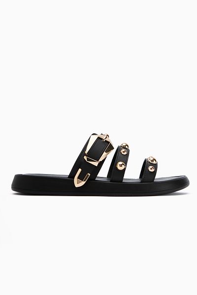 Limoya Wiola Black Pearl Detailed Buckle Comfort Women's Slippers