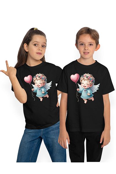 StoryGift Romania Children's T-shirt with baby Cupid, illustration, heart-shaped balloon, flannel, wool, co