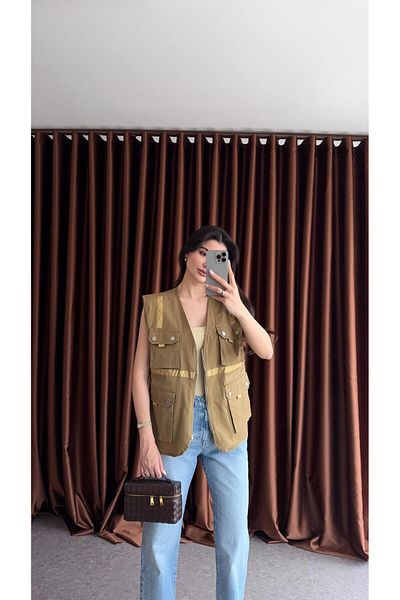 HAZELANNA Khaki Vest with Pockets