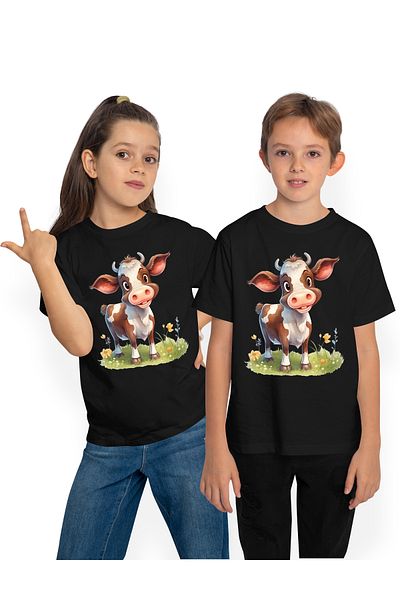 StoryGift Romania Children's T-shirt with a surprised cow, illustration, on the field, easter, nature, grass, greenery, n