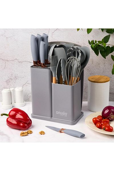 Onuvio 19-piece Kitchen Utensil Set, Wood And Food-grade Silicone, Knives, Chopping Board, ™ - Gray
