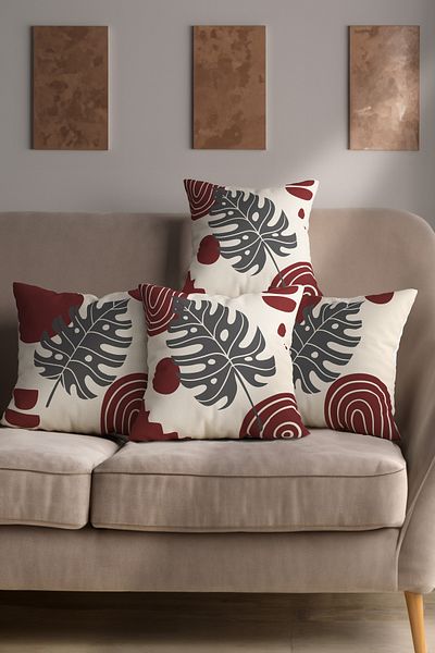 Hayal Dekoratif Bohemian Boho Themed Red Cream Colored Decorative Gift 4-Piece Sofa Pillow - Throw Pillow Case Set