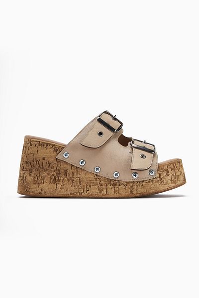 Limoya Γυναικείες παντόφλες με τακούνι Ratka Beige Double Banded Platform