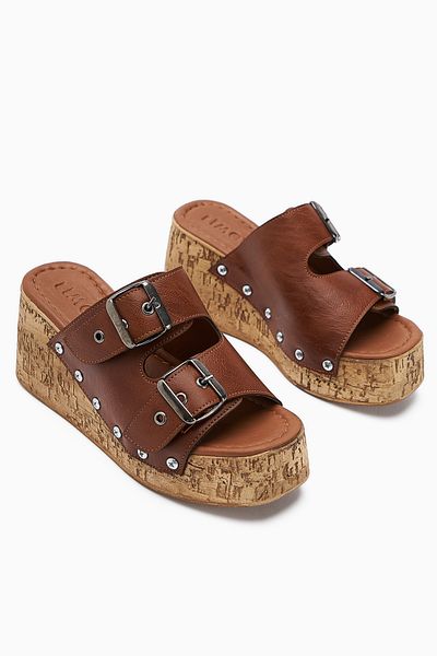 Limoya Ratka Tan Double Striped Platform Heeled Women's Slippers