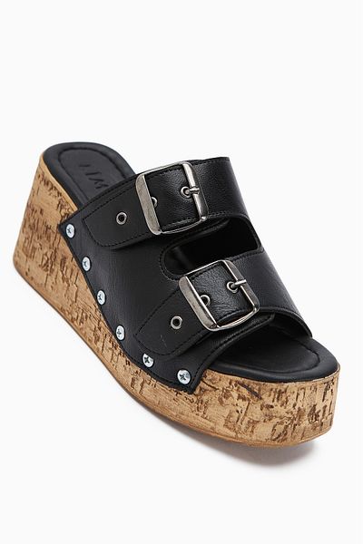 Limoya Ratka Black Double Banded Platform Heeled Women's Slippers