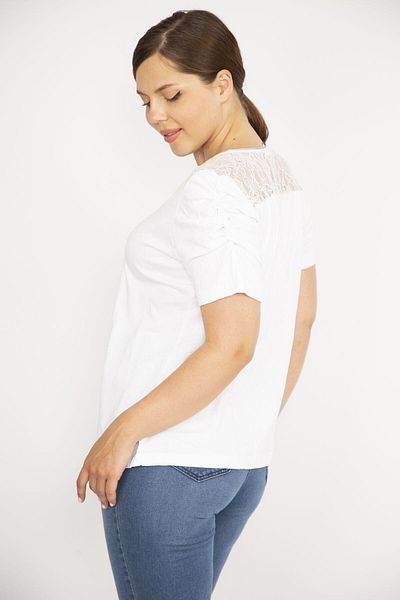 Şans Women's White Large Size Back Tie Lace and Collar Glitter Detailed Sleeve Rubber Drawstring Blouse 65n36667