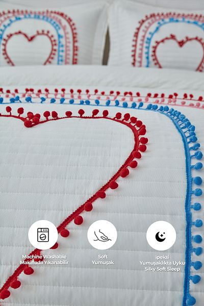 Evlen Home Collection طقم مفرش سرير مزدوج من القطن 100% مع بوم بوم ملون وشكل قلب (بايك).