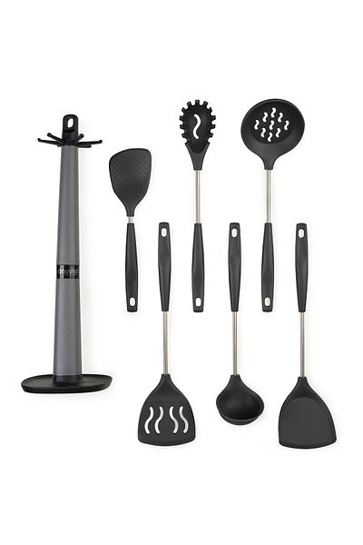 Onuvio Set de 6 ustensile de bucătărie din silicon cu suport de blat tip cârlig, fără BPA, Onuvio® - Negru