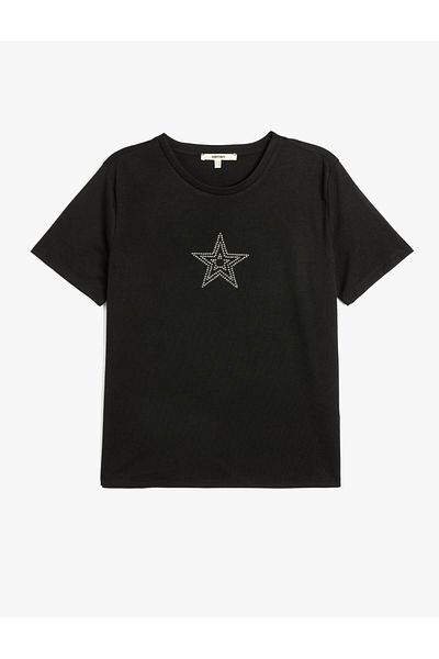Koton Crew Neck Stone Detailed Black Women's T-Shirt 5Sak50142Ek