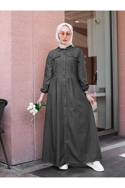 Modamorfo Buttoned Double Pocket Denim Dress with Elastic Sleeves - Anthracite