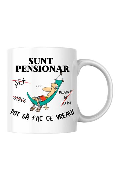 OEM Cană albă personalizată - Sunt pensionar, pot face ce vreau!, INOVATIX®. 330ml