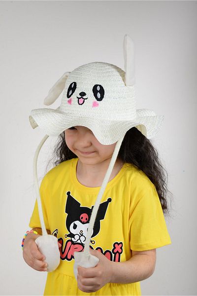 KİDSPİTİRCİK Children's Cream Ears Playing Organic Wicked Rabbit Embroidered Hat (2-10 Years)