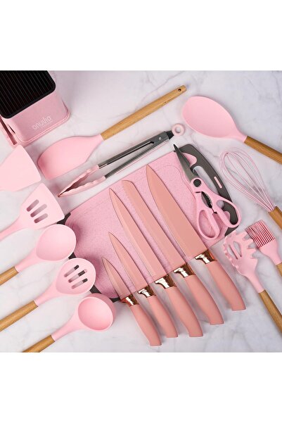 Onuvio 19-piece kitchen utensil set, Wood and Food-grade Silicone, Knives, Chopping Board, Onuvio™ - Pink