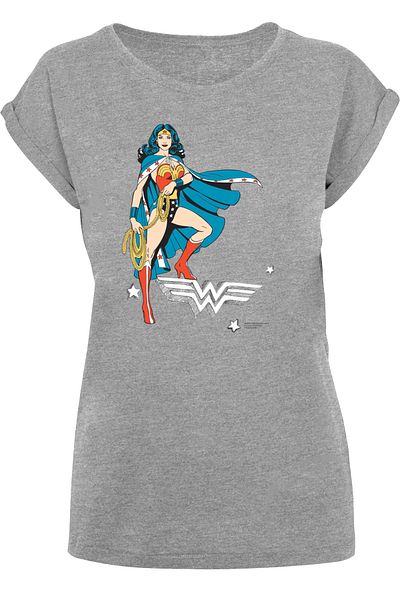 F4NT4STIC Damen Dc Comics Wonder Woman Standing Logo With Ladies Extended Shoulder Tee