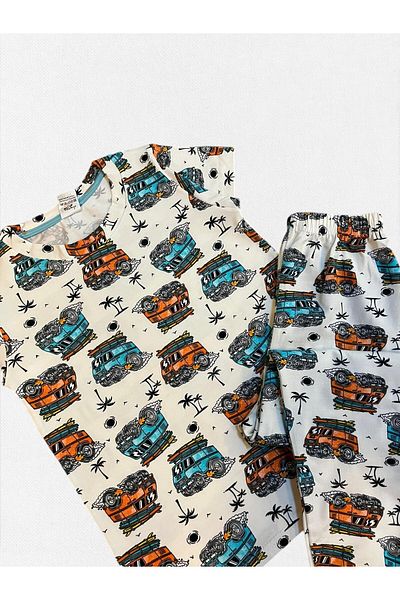 elmas kids Boy's 100% Cotton Minibus Car Patterned Blue Short Sleeve Six Long Summer Pajama Set