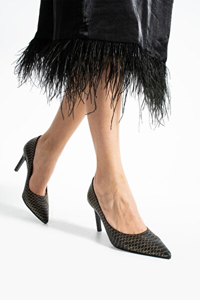 FOLLİNİ Women's Genuine Leather Stiletto Black Stone Detailed