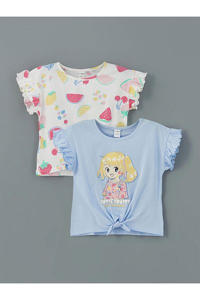 LC Waikiki LCW Παιδικό λιλά εμπριμέ χτενισμένο βολάν για κορίτσια μπλουζάκι 2 τεμαχίων
