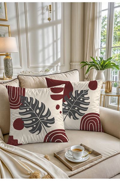 Hayal Dekoratif Bohemian Boho Themed Red Cream Colored Decorative Gift 4-Piece Sofa Pillow - Throw Pillow Case Set