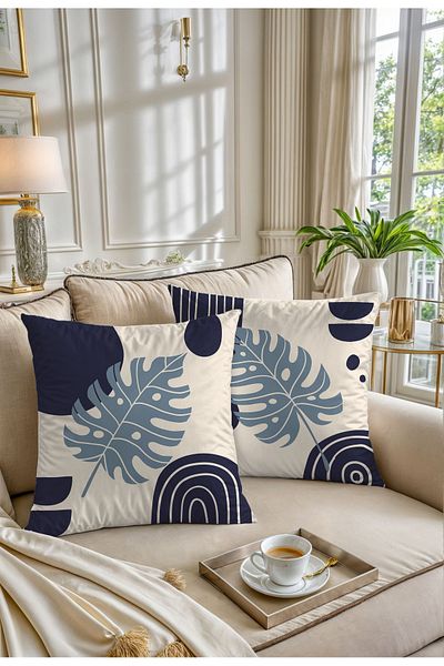 Hayal Dekoratif Bohemian Boho Themed Blue Cream Colored Decorative Gift 4-Piece Sofa Pillow - Throw Pillow Case Set