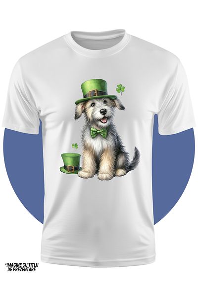 StoryGift Romania Tricou Copii Cu Un Catelus Fericit, Blanos, Ilustratie, Poarta O Palarie Verde, Trifoi, Sa