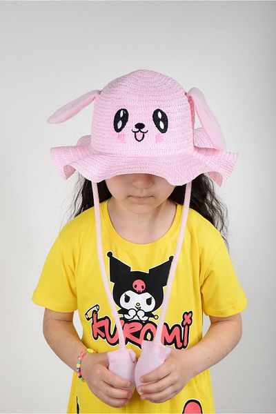 KİDSPİTİRCİK Children Playing Organic Wheat Rabbit Ears Pink Ears Embroidered Hat (2-10 Years)