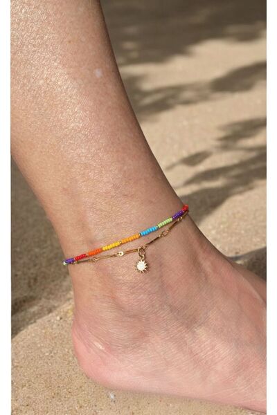 Bensei Takı Dükkanı BENSEİ Gökkuşağı Renkli , Altın Kaplama Beyaz Güneş Aksesuarlı, Çelik Zincir Halhal