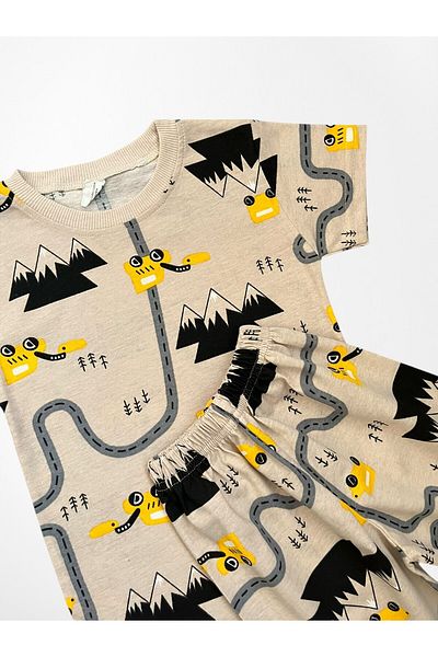 Pajama Shop Boy's Cotton Beige Road Car Patterned Short Sleeve Shorts Summer Pajama Set