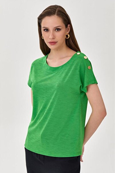 İKİLER Tek Omuzu Çıtçıt Detaylı Düşük Kol Bluz 025-1045