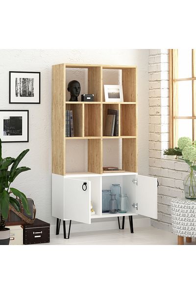 Mourah Home Bene 2-tier Bookcase With Doors – Bookshelf Cabinet - Display Rack With Metal Legs