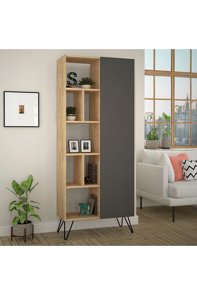 Mourah Home Jedda 7-Tier Bookshelf with 1 Door – Storage Rack - Display Cabinet With Metal Legs