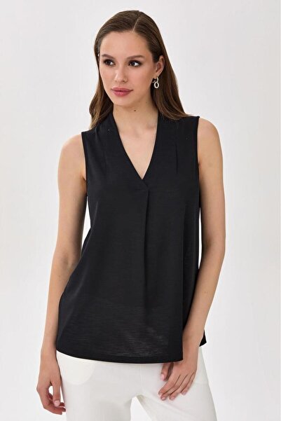 İKİLER Önü Pileli V Yaka Kolsuz Bluz 025-1035