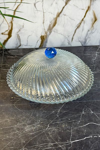 MAY HOME Blue Crystal Footed Cake Jar Plate & Glass Cake Pastry Food Presentation