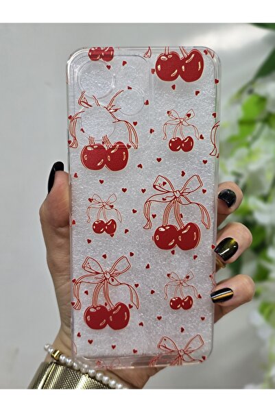 Magic Ring Xiaomi Redmi 12 Uyumlu Kiraz ve Minik Kalpler Desenli Şeffaf Telef...