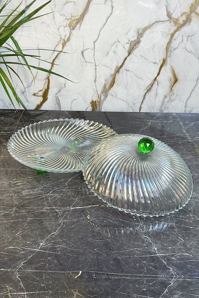 MAY HOME Green Crystal Footed Cake Jar Plate & Glass Cake Pastry Food Presentation