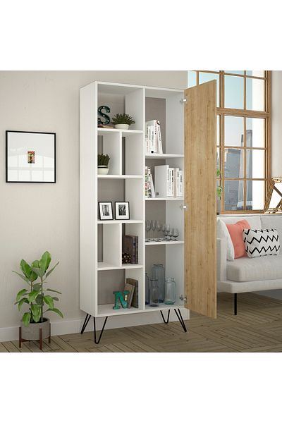 Mourah Home Jedda 7-Tier Bookshelf with 1 Door – Storage Rack - Display Cabinet With Metal Legs