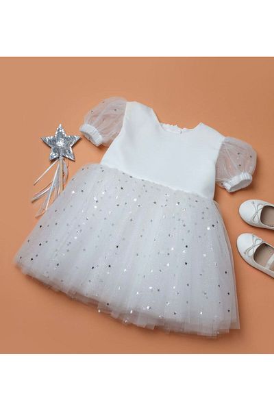 babymoon kids Girl's Party Birthday Special Day White Bow Star Tutu Short Sleeve Dress
