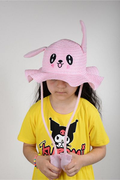 KİDSPİTİRCİK Children Playing Organic Wheat Rabbit Ears Pink Ears Embroidered Hat (2-10 Years)