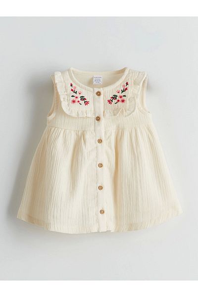 LC Waikiki Lcw Baby Ekru Floral Embroidered Muslin Baby Girl Dress