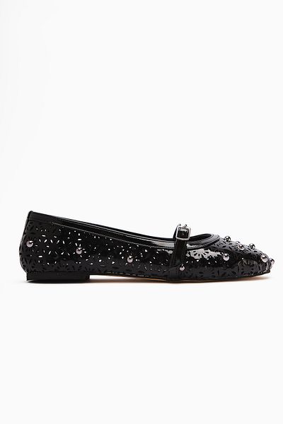 Limoya Jara Black Patent Leather Ethnic Patterned Perforated Women's Ballerina Shoes