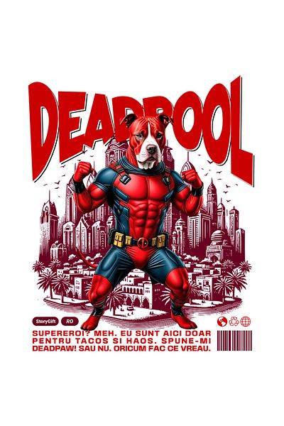 StoryGift Romania Sticker Adeziv 90CM cu PITBULL Caine In Costum de DeadPool cu Pelerina, Erou Nocturn, Desene a