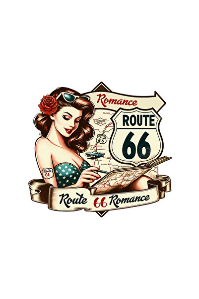 StoryGift Romania Sticker Adeziv 90CM cu mesajul "Route 66 Romance", ilustrat...
