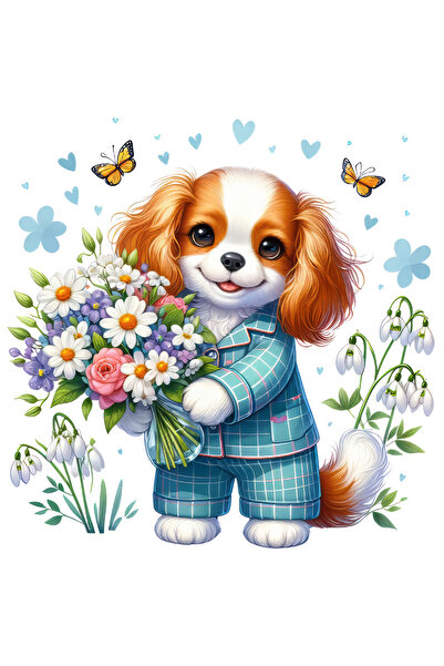 StoryGift Romania Sticker Cu Un Catel Care Tine Un Buchet Cu Flori, Ilustratie, Fluturasi, Ghiocei, Cadou, D