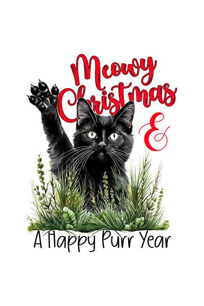 StoryGift Romania Sticker Autocolant 70CM cu pisica neagra care saluta cu mesajul "Meowy Christmas & A Happy Pur
