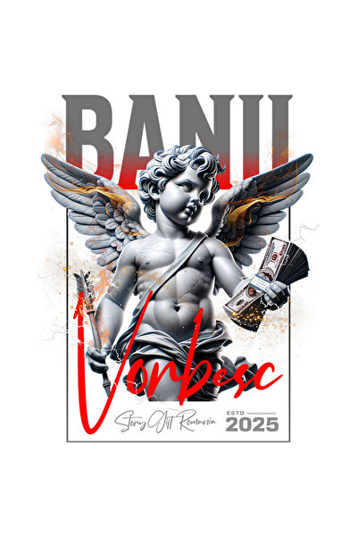StoryGift Romania Sticker Adeziv 90CM cu Statuie Copil Inger Cu Aripi Si Teanc de bancnote Text Banii Vorbesc cu