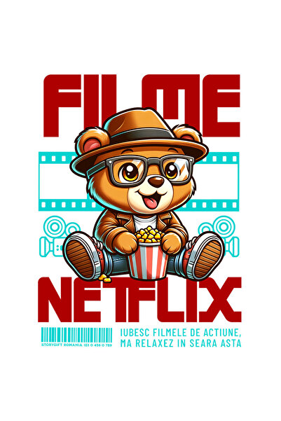 StoryGift Romania Sticker Adeziv 90CM cu Urs Brun Maro Cu Ochelari De Vedere Si Popcorn Film, Cinema, Copii, des