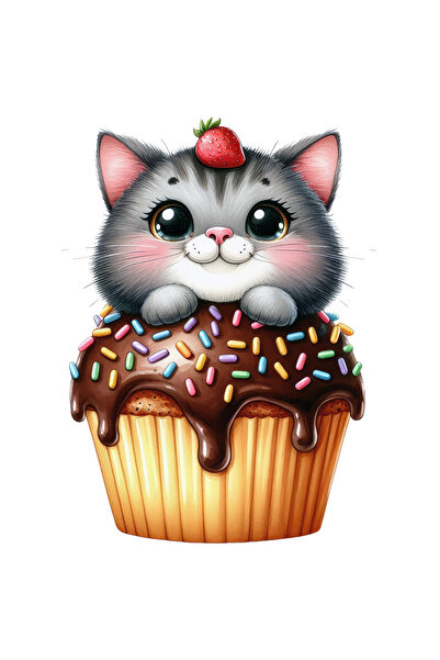 StoryGift Romania Sticker Autocolant 70CM cu o pisicuta care sta intr-o briosa, ilustratie, ciocolata, dulciuri,