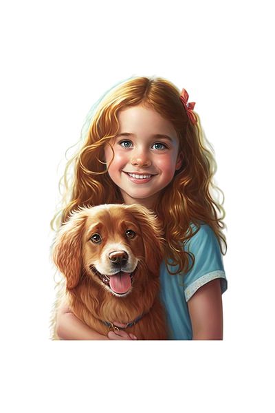 StoryGift Romania Sticker Eticheta 40CM cu Portret Fetita Mica cu Catelul ei, Fetita cu Parul Portocaliu, Caine