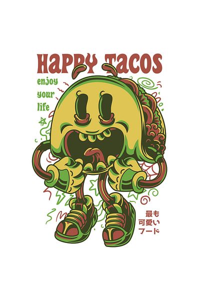 StoryGift Romania Sticker Adeziv 90CM Cu Portie Tacos, Chip Zambitor, Text In Engleza Happy Tacos, Artwork, Ilus