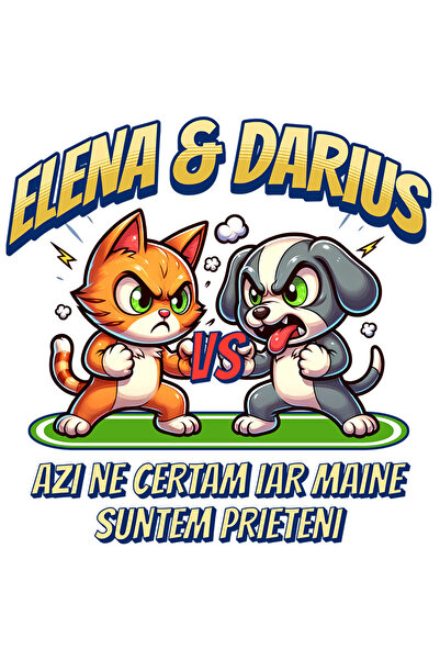 StoryGift Romania Sticker Eticheta 40CM cu Pisica si Caine Lupta Box Text Haios Elena & Darius Astazi Ne Certam