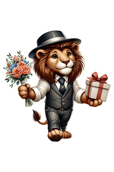 StoryGift Romania Sticker Autocolant 70CM cu un leu care tine un buchet cu flori si un cadou, ilustratie, palari